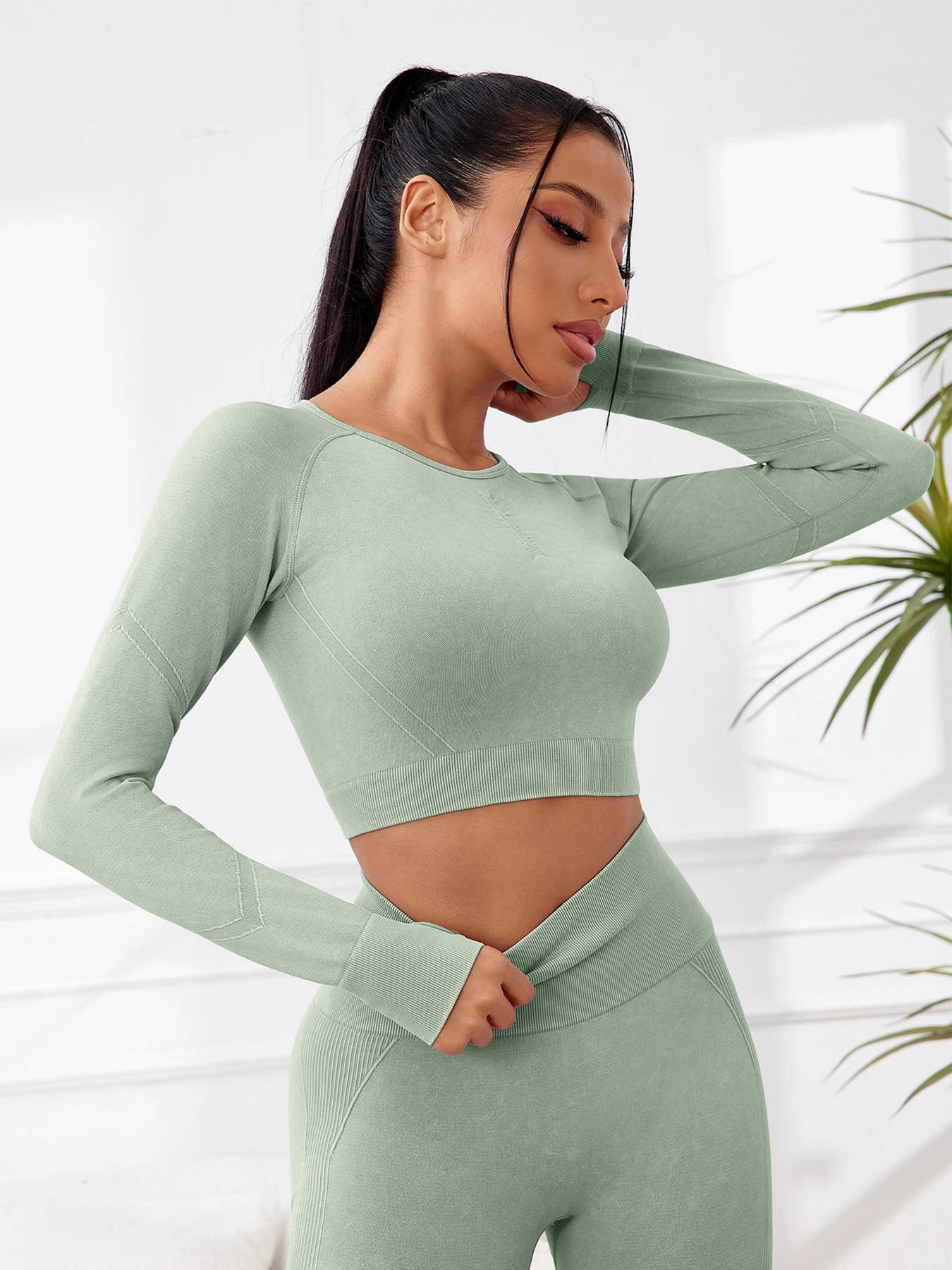 Women Yoga Sports Fitness Long Sleeves Top Gym Clothing Workout Round Neck Tops Sports Shirts Women Seamless Yoga Shirts