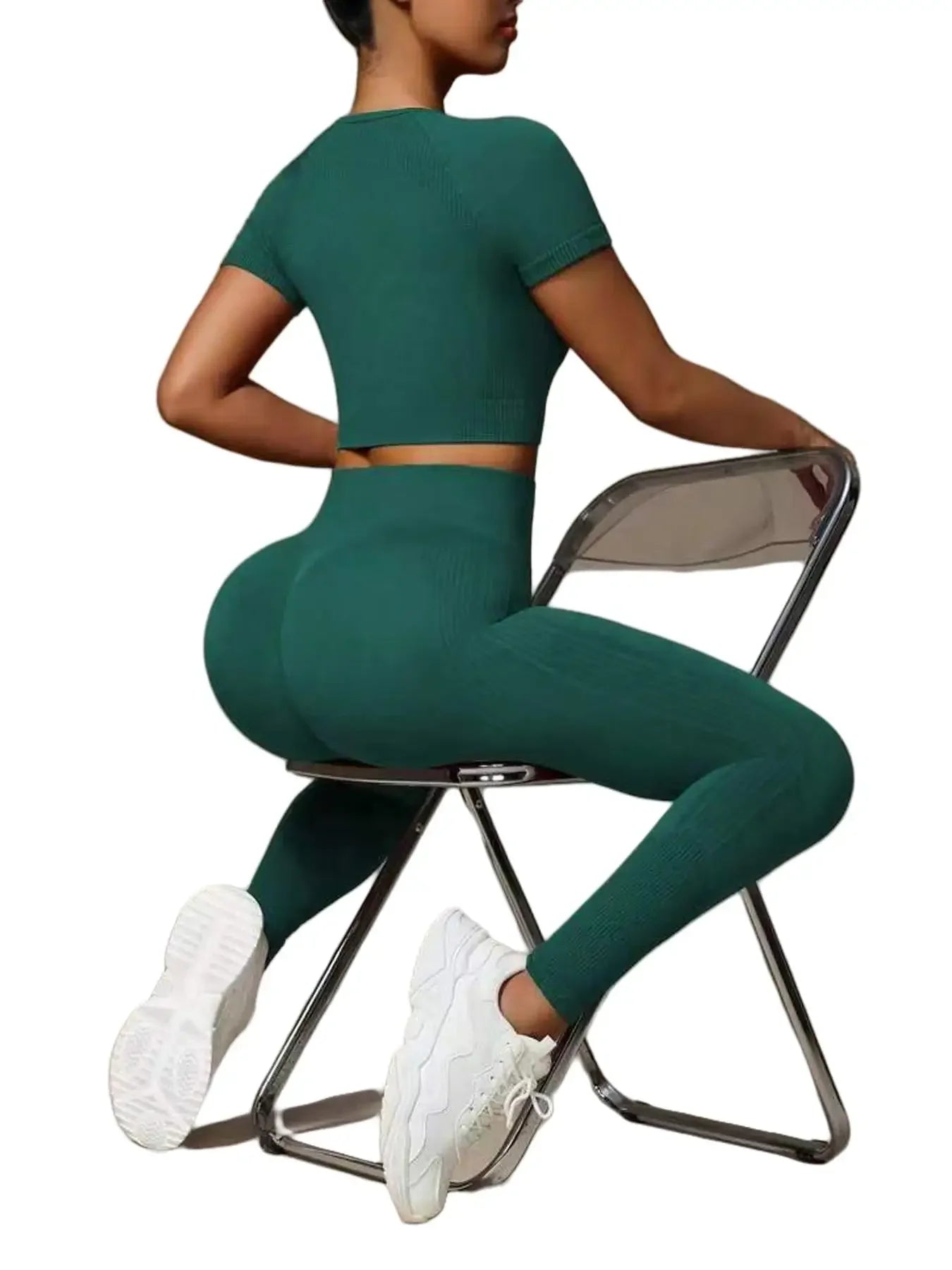 Fashionable women's two-piece high elastic seamless yoga suit sportswear, slim short-sleeved top, high waist pants,