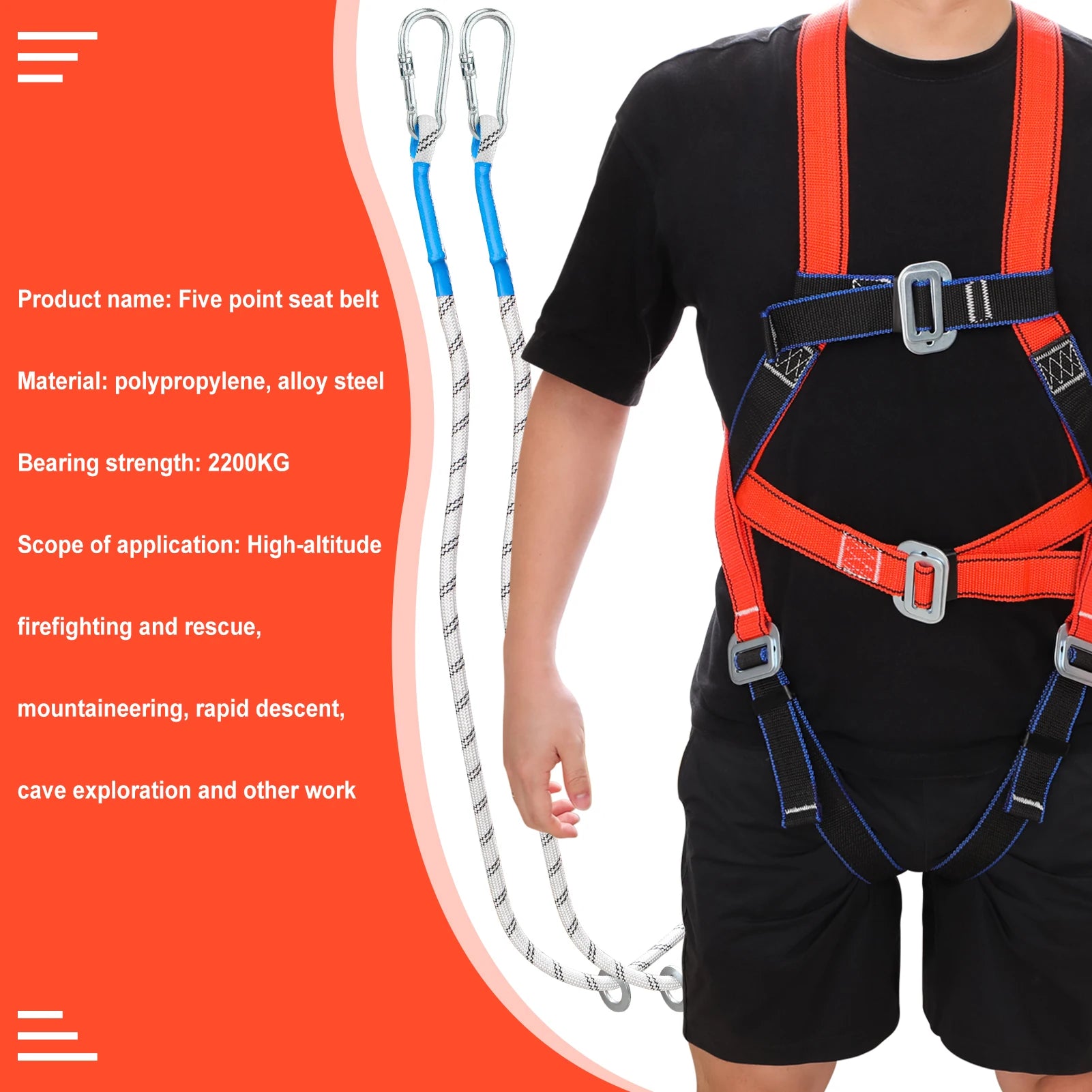 Safety Harness for Work in Height with 2M Safety Rope Belt Carabiner Outdoor Climbing Industrial Full Body Security Protection
