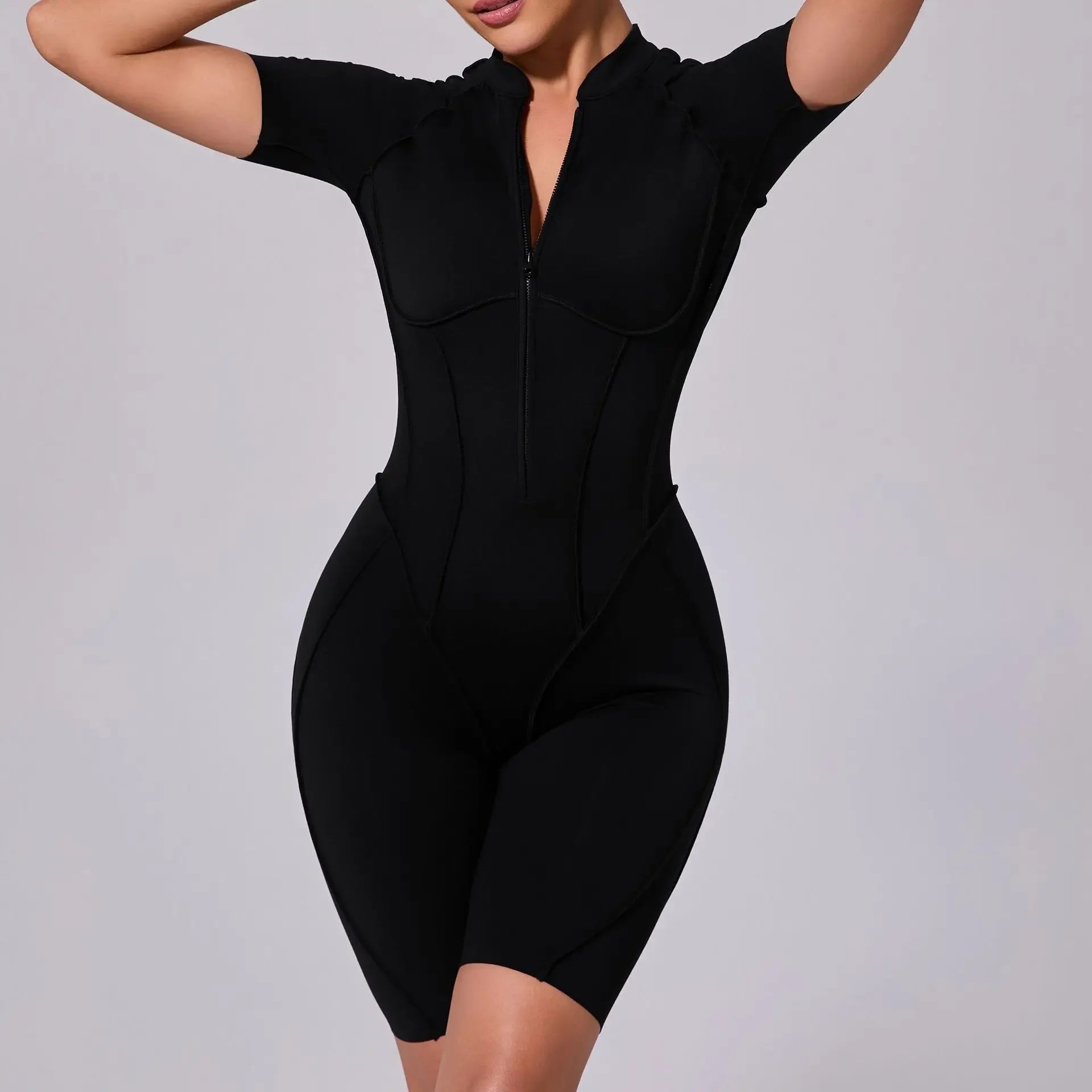 Seamless Yoga Jumpsuits Sports Fitness Zipper Hip-lifting Short-sleeved Backless Dance Workout Gym Shorts Bodysuits for Women
