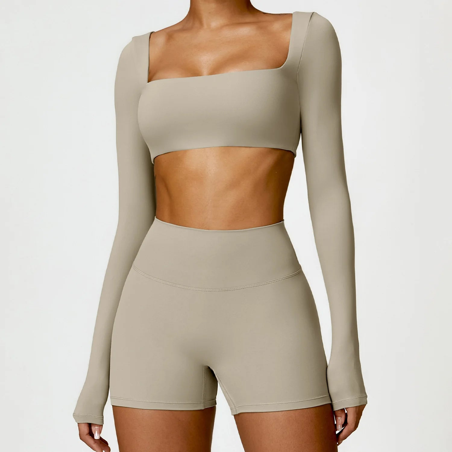 Nude Yoga Clothing Sets Women Long Sleeve Crop Tops Tight Shorts Suit Quick Dry Tracksuit Fitness Workout Outfits Gym Wear New