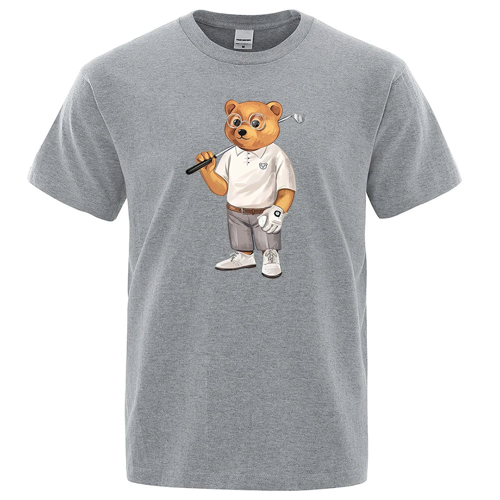 Gentleman Ted Bear Playing Golf Men T Shirts Summer Cotton Sweat T-Shirts Breathable Loose Clothes Hip Hop Street Short Sleeve