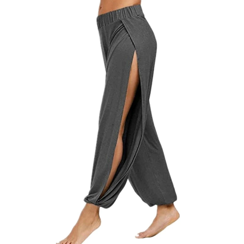 Womens Harem Hippie Pants Yoga Clothing Smocked Waist Palazzo Beach Cover Up Pants Side Split Active Workout Sweatpants