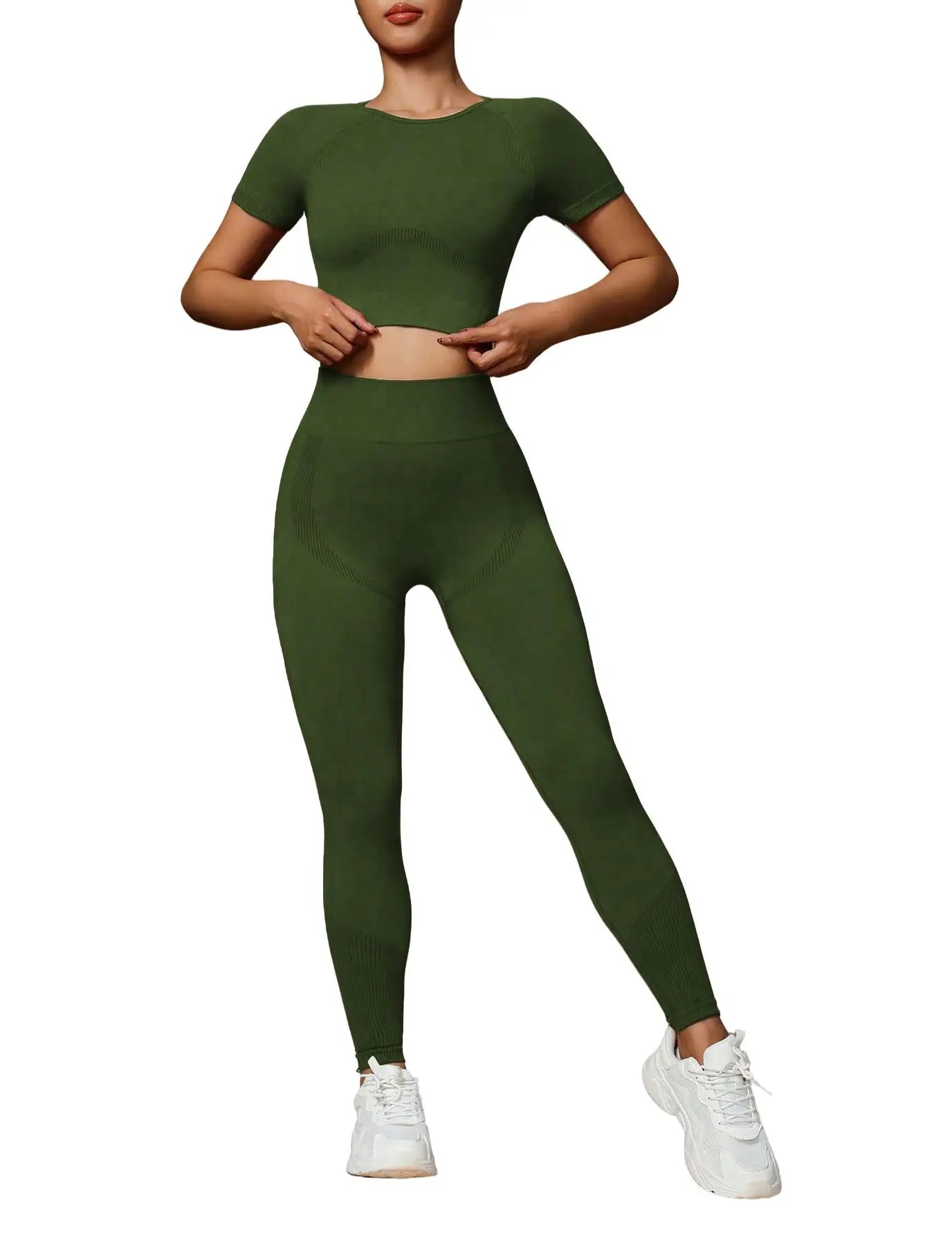 Fashionable women's two-piece high elastic seamless yoga suit sportswear, slim short-sleeved top, high waist pants,