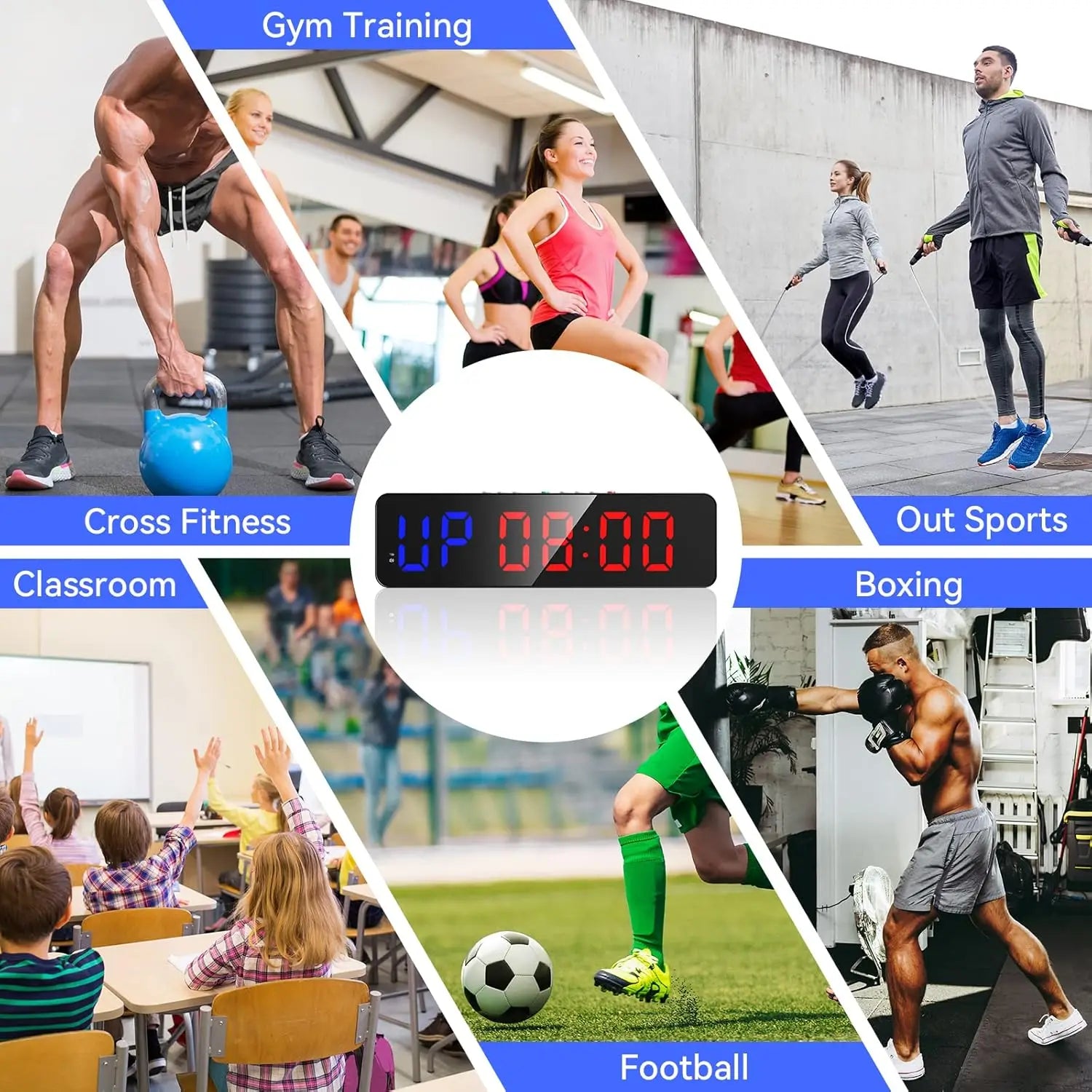 Gym Timer with Remote 11''x 3.5''Ultra-Clear Interval Timer with LED Countdown/Up Wall Clock Power Fitness Timer Stopwatch