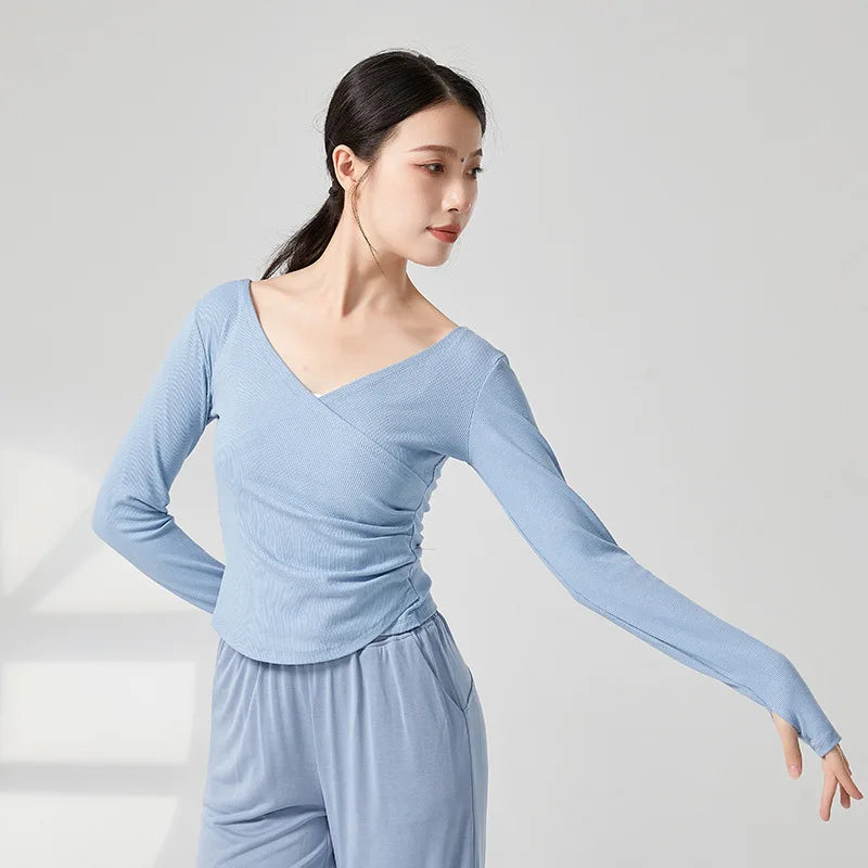 Adult Modern Dance Practice Clothes V Neck Finger Sleeve Autumn Winter Tops Women Slim Elegant Yoga Costume Performance Clothing