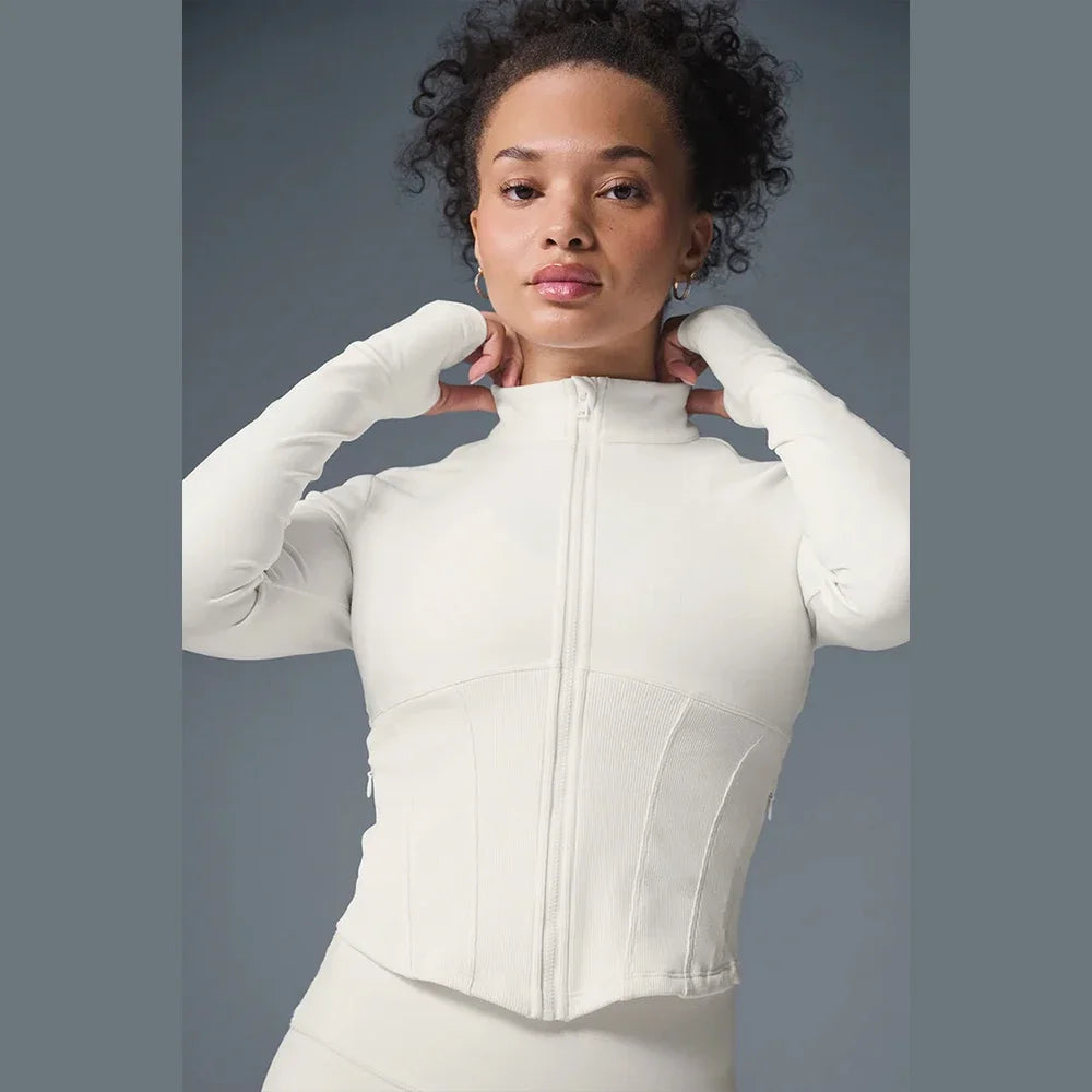 AL Women's Workout Top Airbrush Corset Full Zip Jacket Running Fitness Top Slim Fit Yoga Sports Zipper Comfortable Top Black