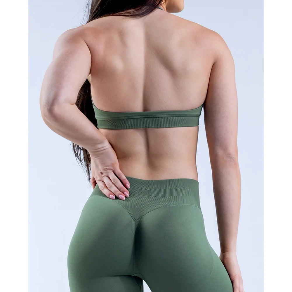 Sports Bra Seamless Halter Neck Strap Bra Open Back Fitness Yoga Top Bras Support Women Workout Gym Crop Top