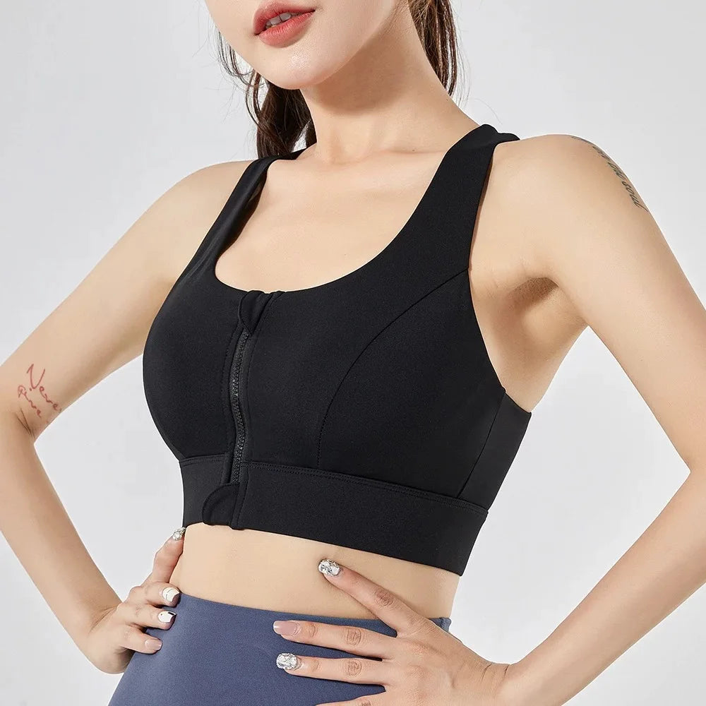 Large Size Women's Sports Fitness Bra Shock-Absorbing Gathered Front Zipper Design No Buckle Needed for Comfortable Fit