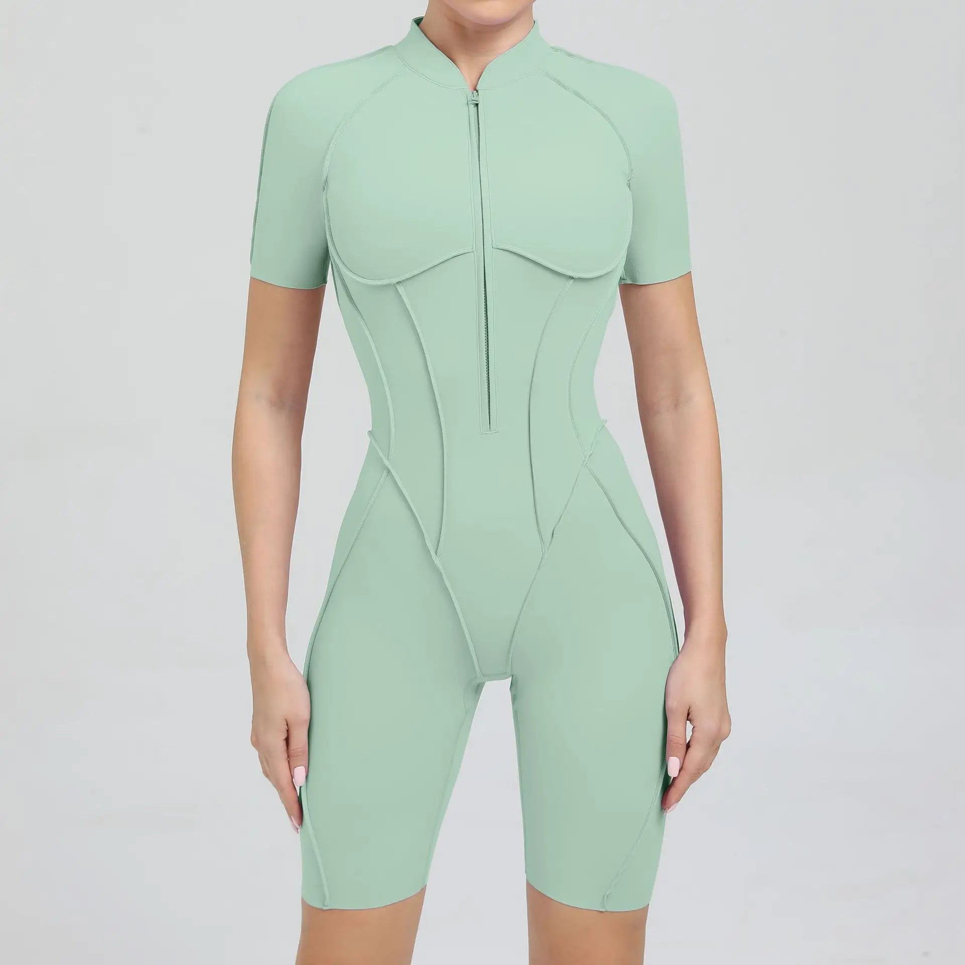 Seamless Yoga Jumpsuits Sports Fitness Zipper Hip-lifting Short-sleeved Backless Dance Workout Gym Shorts Bodysuits for Women