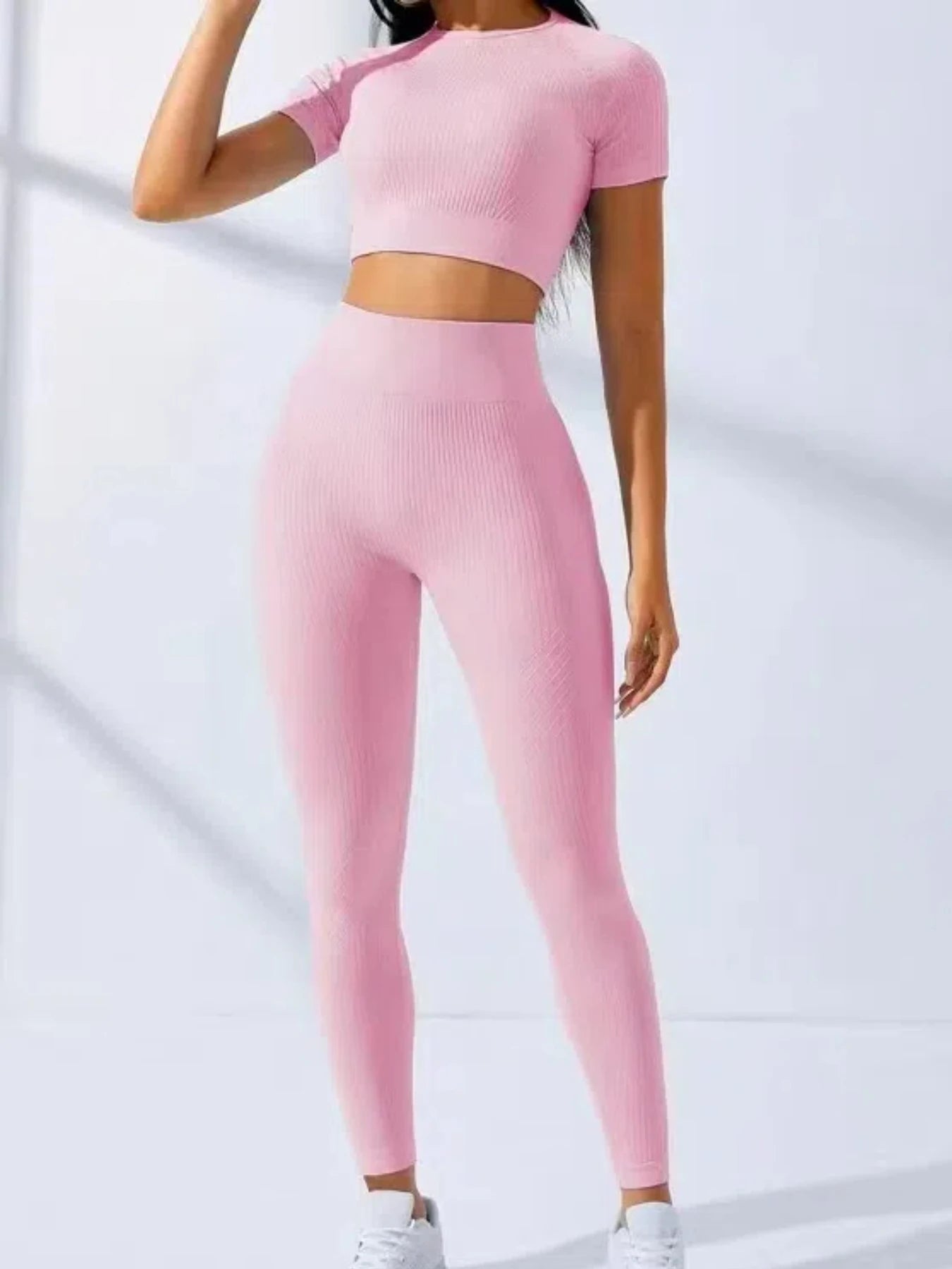 Yoga Set 2 Pieces Women Tracksuits Workout Sportswear Gym Clothing Fitness Short Sleeves Long Leggings Suits