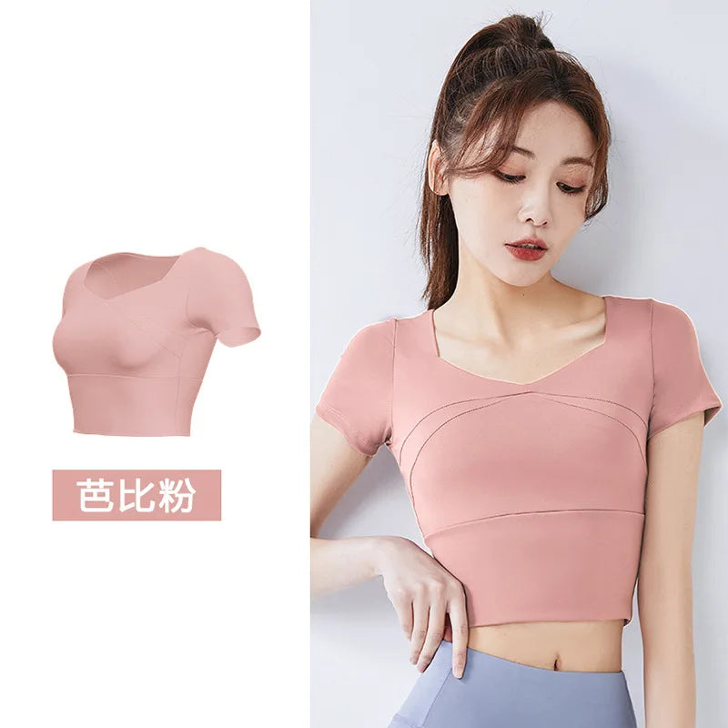 Fashion Yoga Clothing Short Yoga Top Stretch with Chest Pad Sports Tights Nude Yoga Short Sleeve