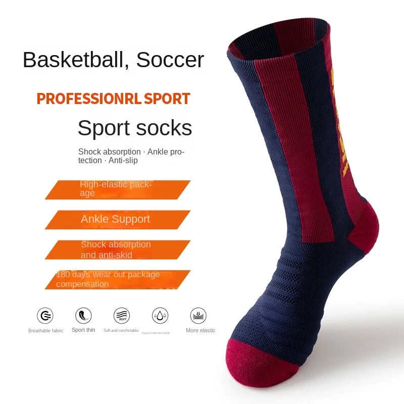 1 pair of mid tube soccer socks with thickened towel bottom, adhesive glue for anti slip, wear-resistant, comfortable and breath