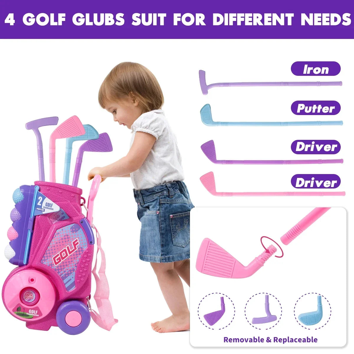 Pink Golf Toy Set with 12 Balls, Portable Golf Cart, Unique Shoulder Strap - Indoor Outdoor Sports Toy, Christmas, Thanksgiving