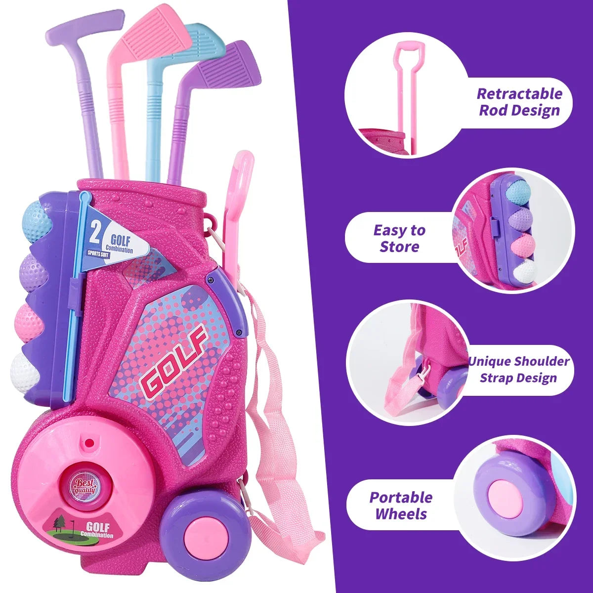 Pink Golf Toy Set with 12 Balls, Portable Golf Cart, Unique Shoulder Strap - Indoor Outdoor Sports Toy, Christmas, Thanksgiving