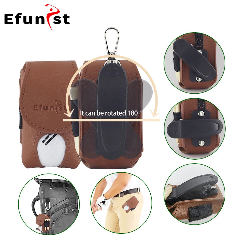 Golf Small Waist Bag Efunist Magnetic Closing Pu Golf Ball Storage Bag With 3 Pcs 54 mmTees And Portable Clip Hold Double Balls