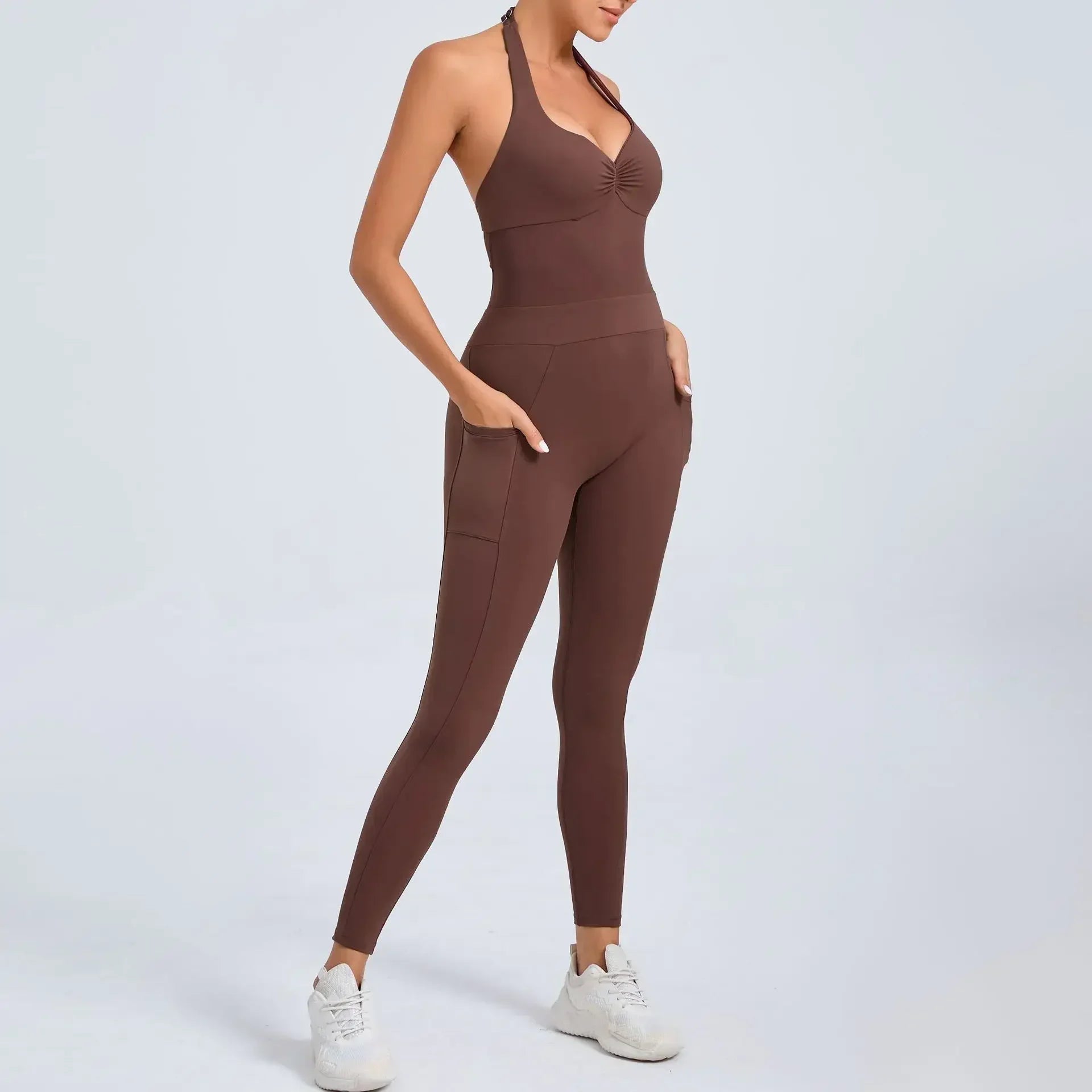 Fashion Sexy Sports Jumpsuit with Pocket Women Sportswear One Piece Gym Yoga Clothing Backless Scrunch Fitness Overalls Push Up