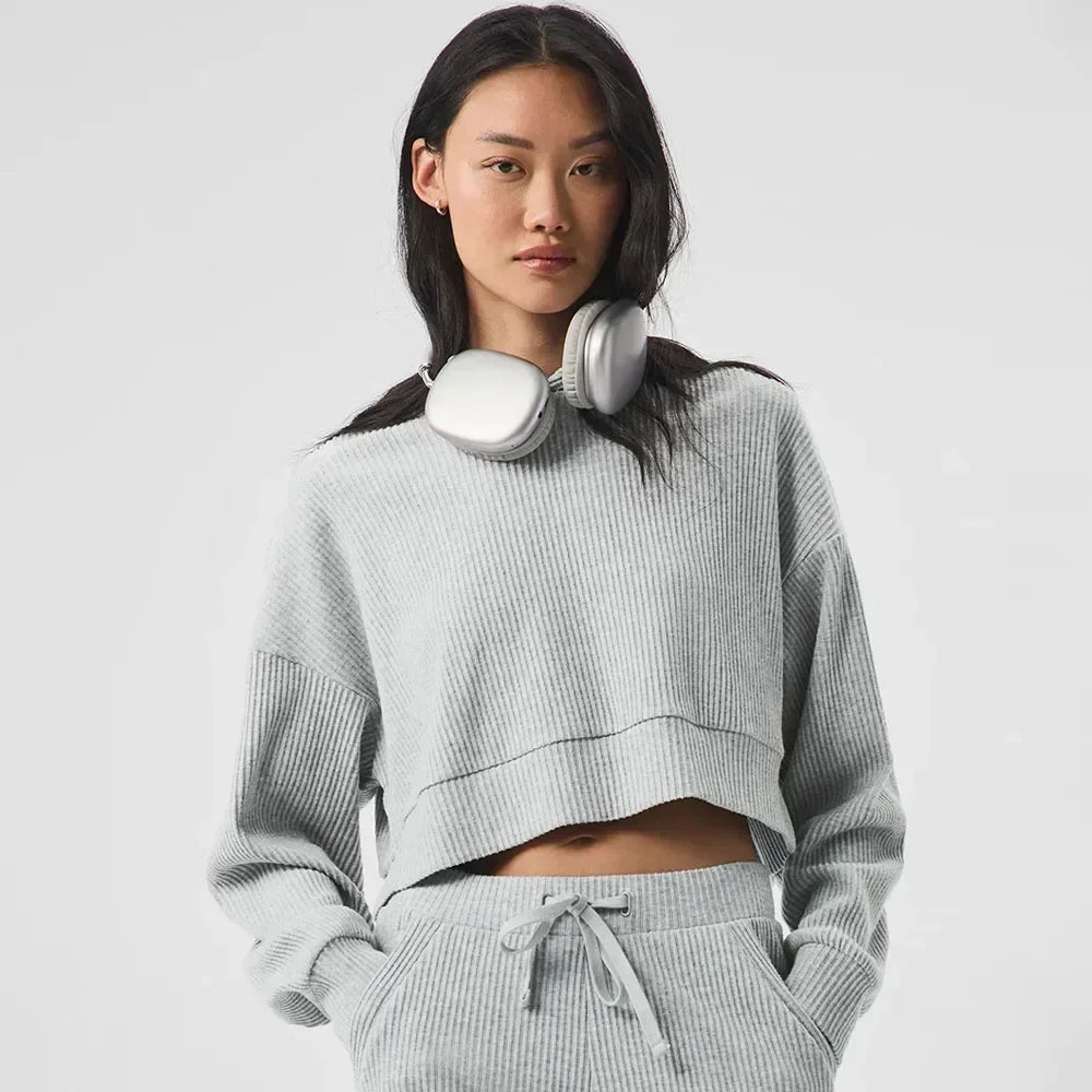 AL Yoga Set Muse Hoodie Jogger Style Loose Comfortable Short Hooded Sweatshirt Women's Sweatpant Threaded Split Fitness Set