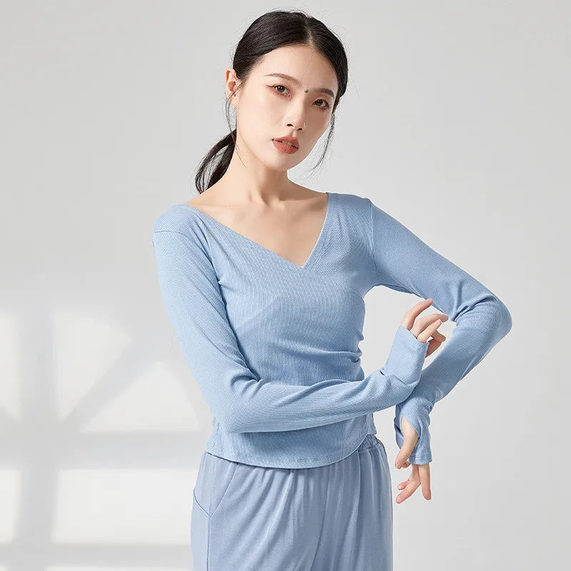Adult Modern Dance Practice Clothes V Neck Finger Sleeve Autumn Winter Tops Women Slim Elegant Yoga Costume Performance Clothing