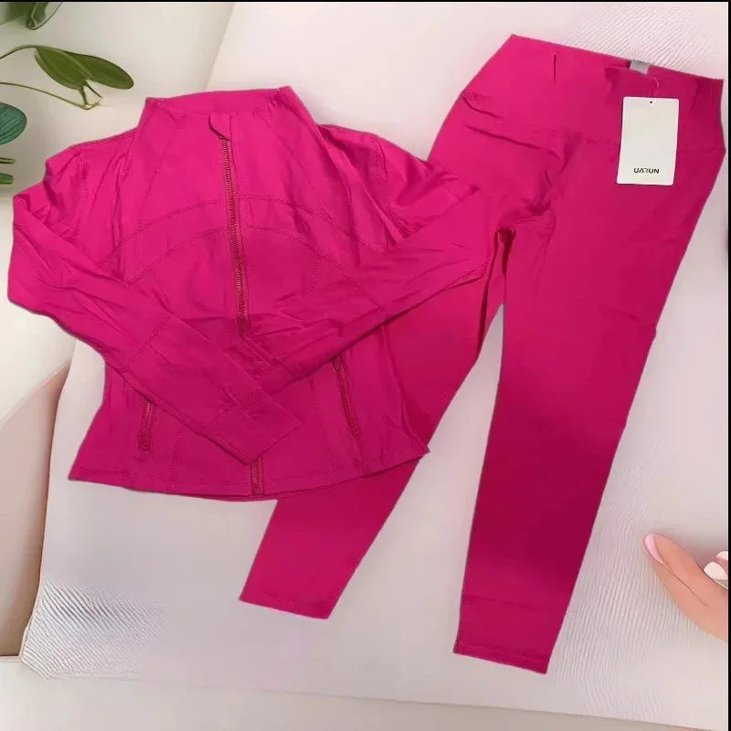 Yoga Suit Set Stand Collar Long Sleeve Jacket Plus Nine-point Pants Yoga Elastic Breathable Running Fitness Suit for Women