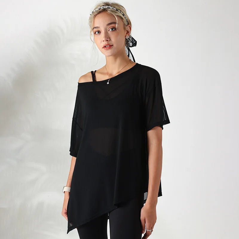 Women Yoga Shirts Thin Loose See-Through Sport Tops Breathable Short Sleeve Running T-shirt Forked Gym Fitness Top Blouse Female