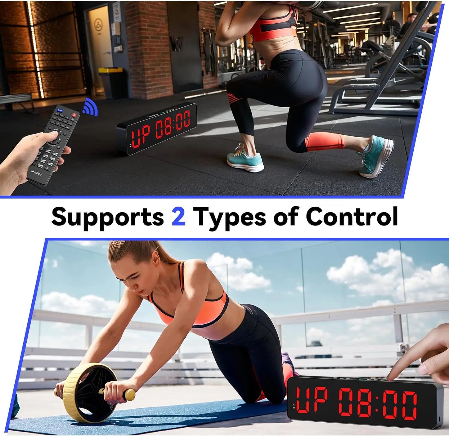 Gym Timer with Remote 11''x 3.5''Ultra-Clear Interval Timer with LED Countdown/Up Wall Clock Power Fitness Timer Stopwatch