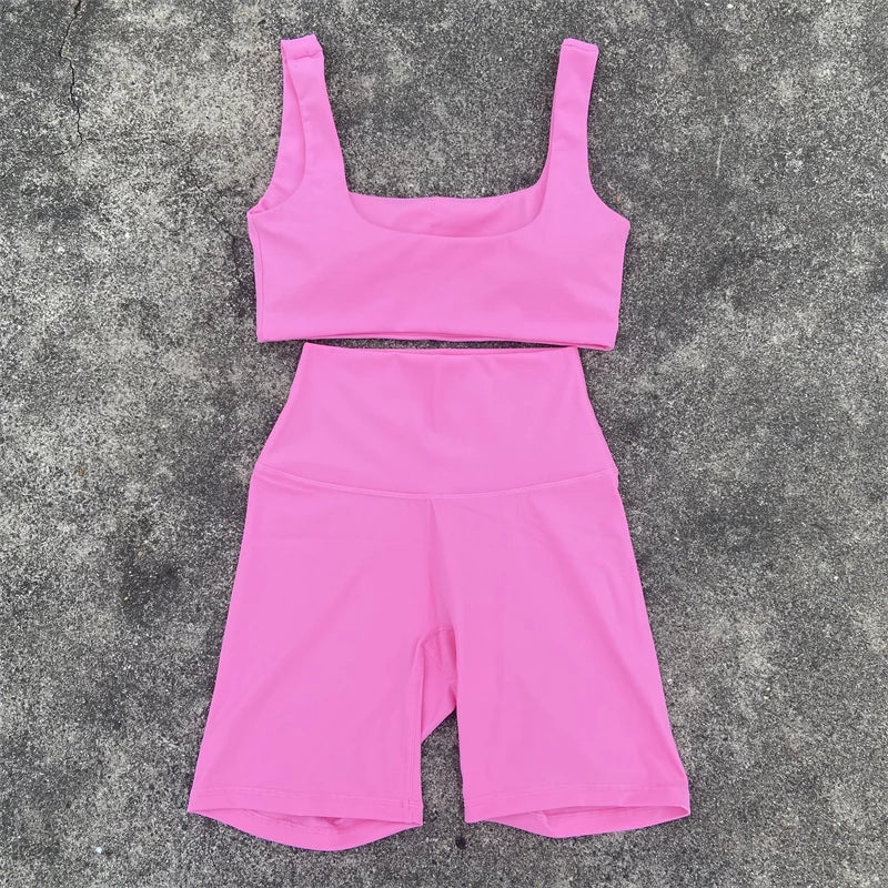 Yoga Shorts Set Gym Sports Set Women Clothes 2 Piece Fitness Suit Sports Bra Top High Waist Short Legging Running Tracksuit