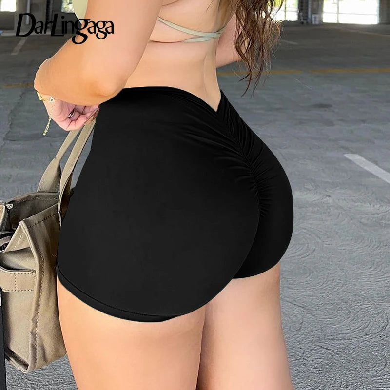 Darlingaga Casual Solid Ruched Skinny Summer Shorts Women Sportswear Gym Basic Short Pants Folds Yoga Clothing Streetwear Bottom