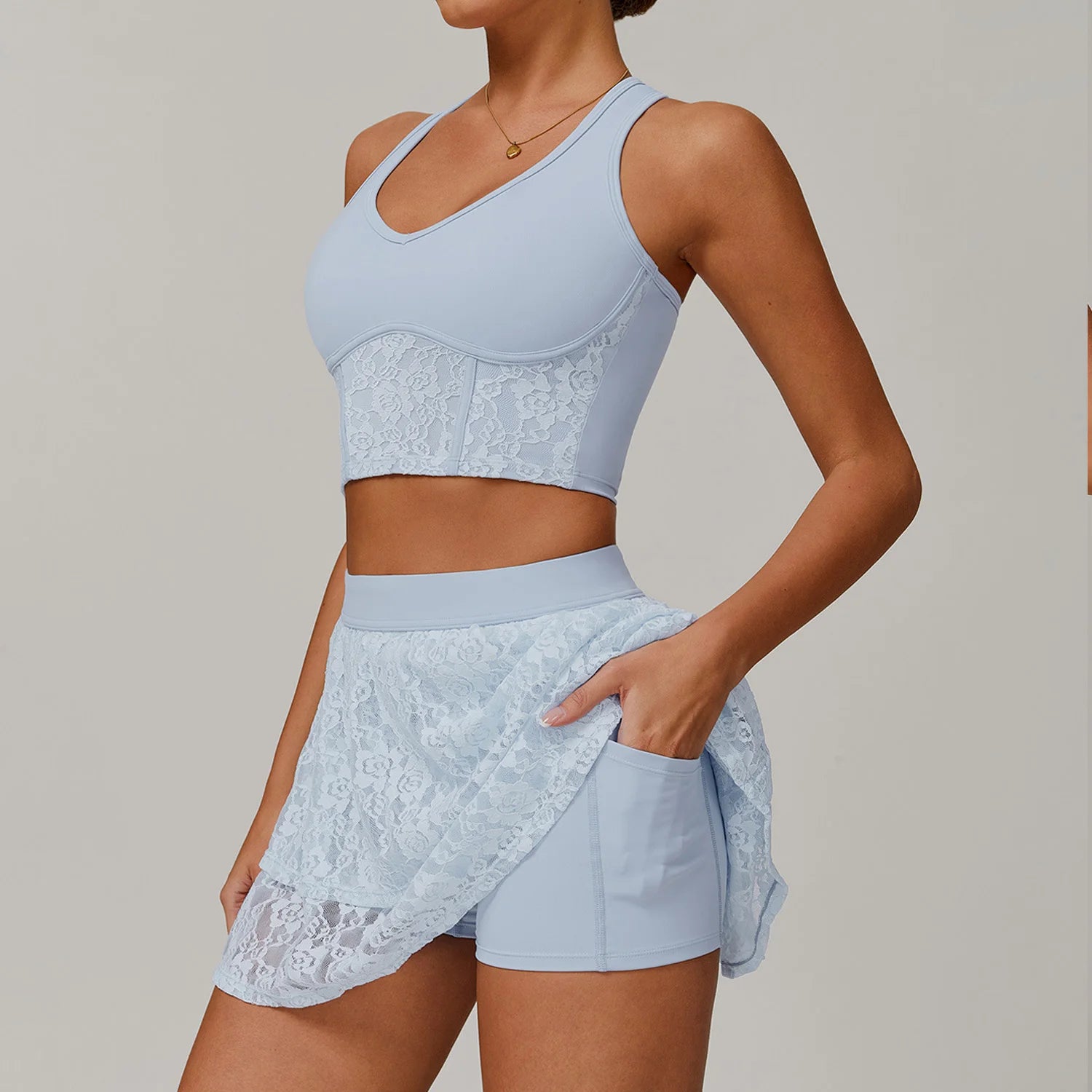 Yoga Set Workout Outfits Fitness Gym Tracksuit Lace nude yoga suit Mesh breathable running anti-slip tennis dress sports suit