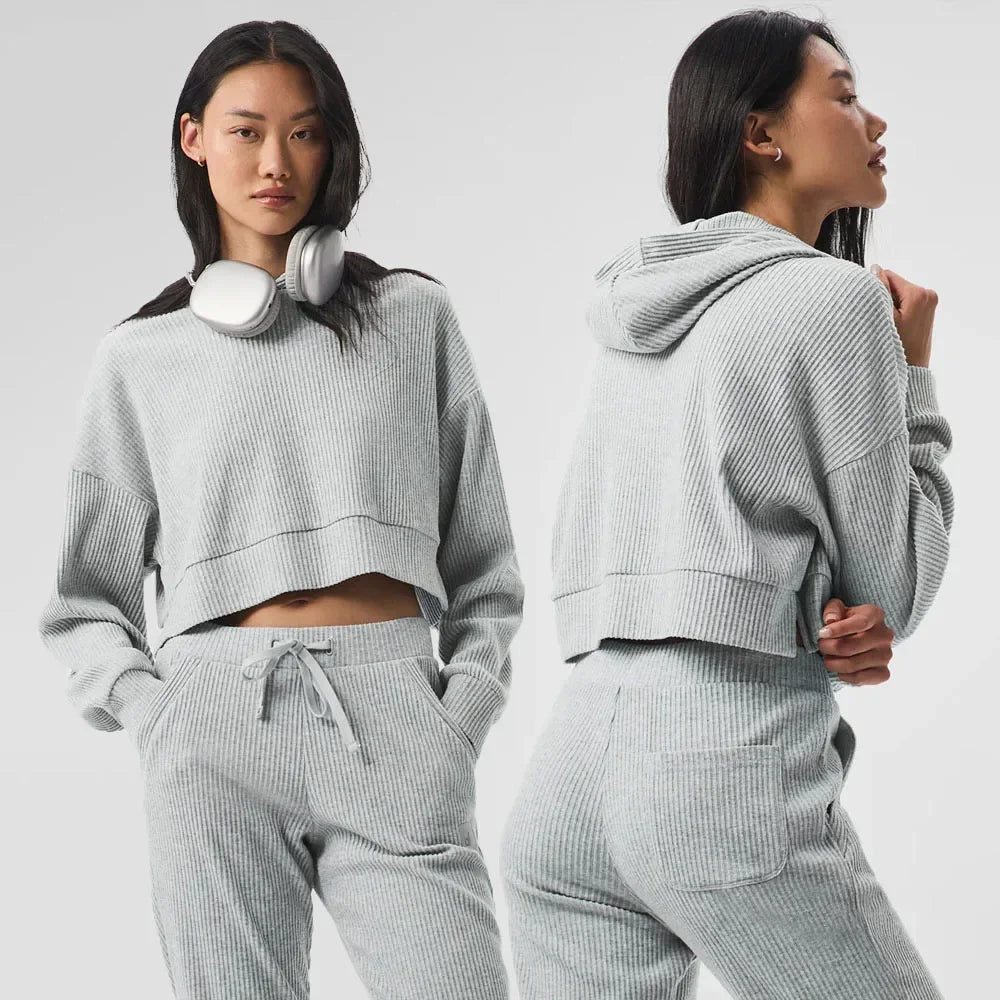 AL Yoga Set Muse Hoodie Jogger Style Loose Comfortable Short Hooded Sweatshirt Women's Sweatpant Threaded Split Fitness Set