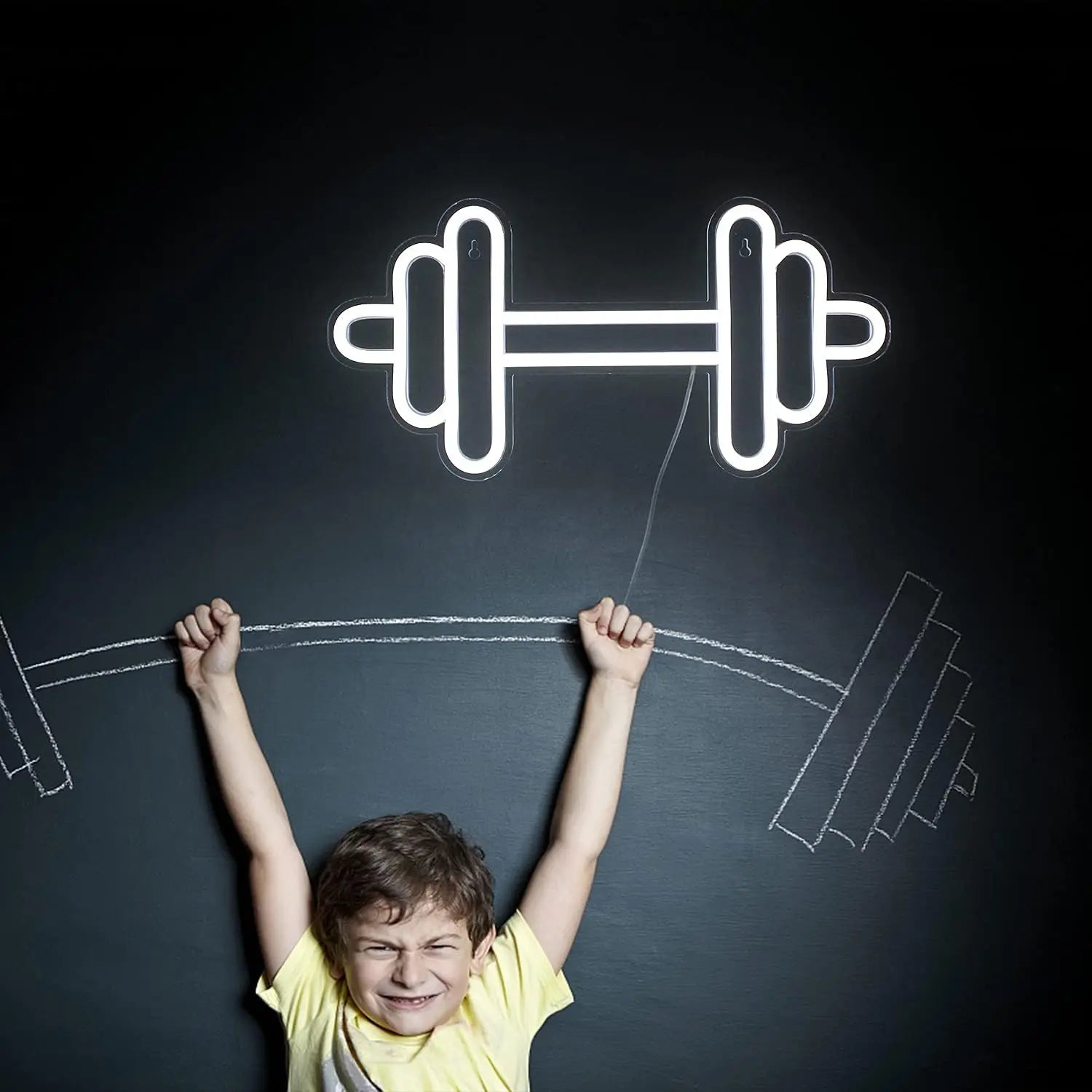 Gym Neon Sign White Barbell Dumbbell Shape Neon Sign USB Port Wall Neon Sign for Health Club Room Decoration and Game Room Decor