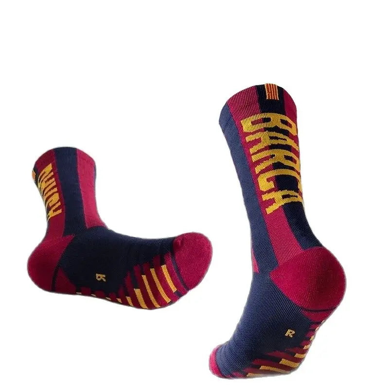 1 pair of mid tube soccer socks with thickened towel bottom, adhesive glue for anti slip, wear-resistant, comfortable and breath