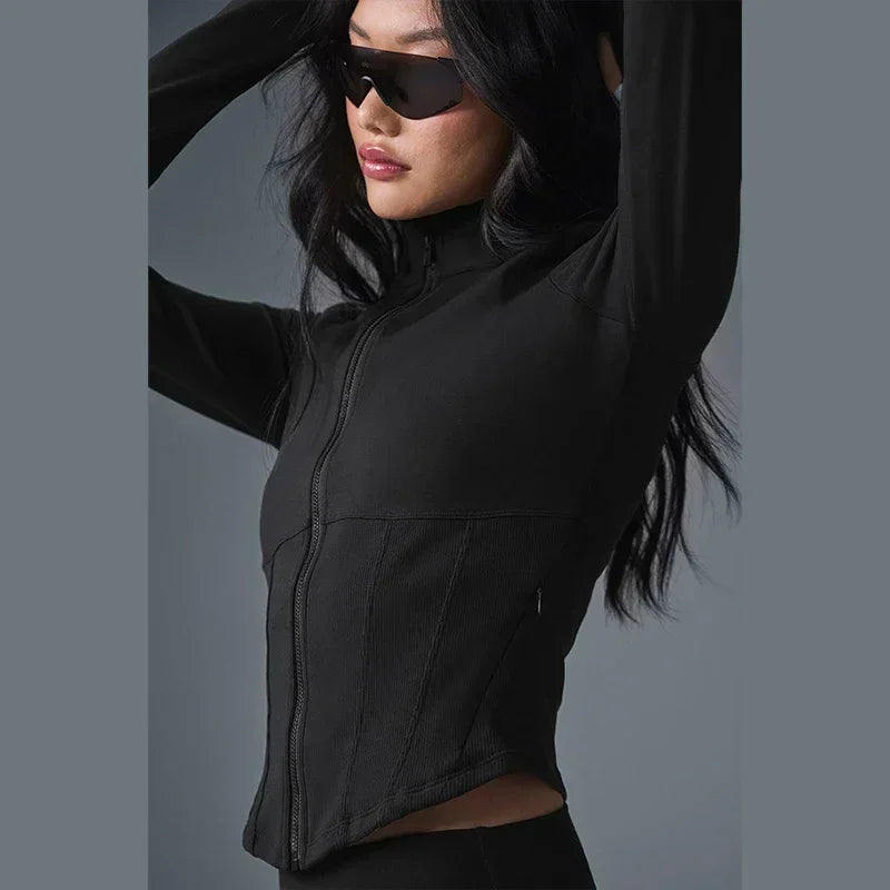 AL Women's Workout Top Airbrush Corset Full Zip Jacket Running Fitness Top Slim Fit Yoga Sports Zipper Comfortable Top Black
