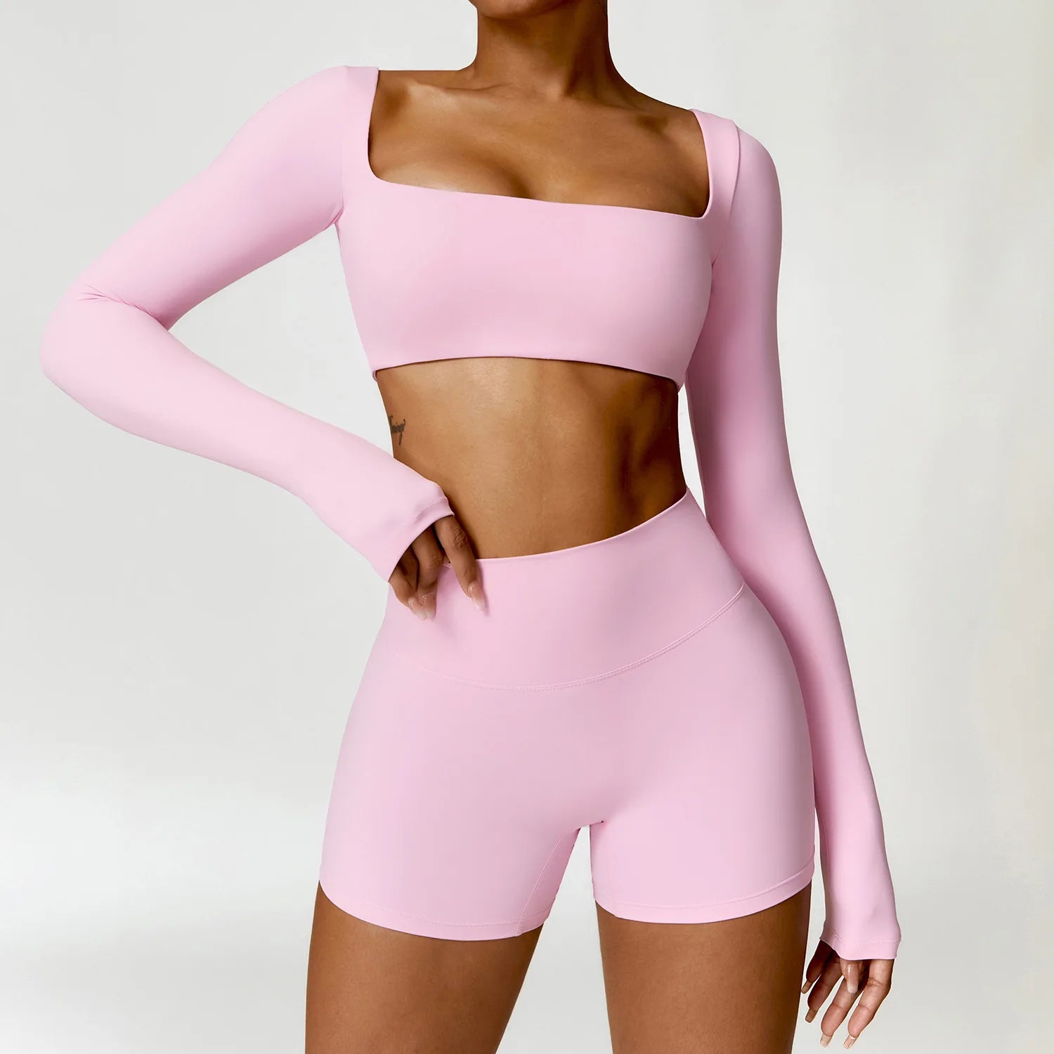 Nude Yoga Clothing Sets Women Long Sleeve Crop Tops Tight Shorts Suit Quick Dry Tracksuit Fitness Workout Outfits Gym Wear New