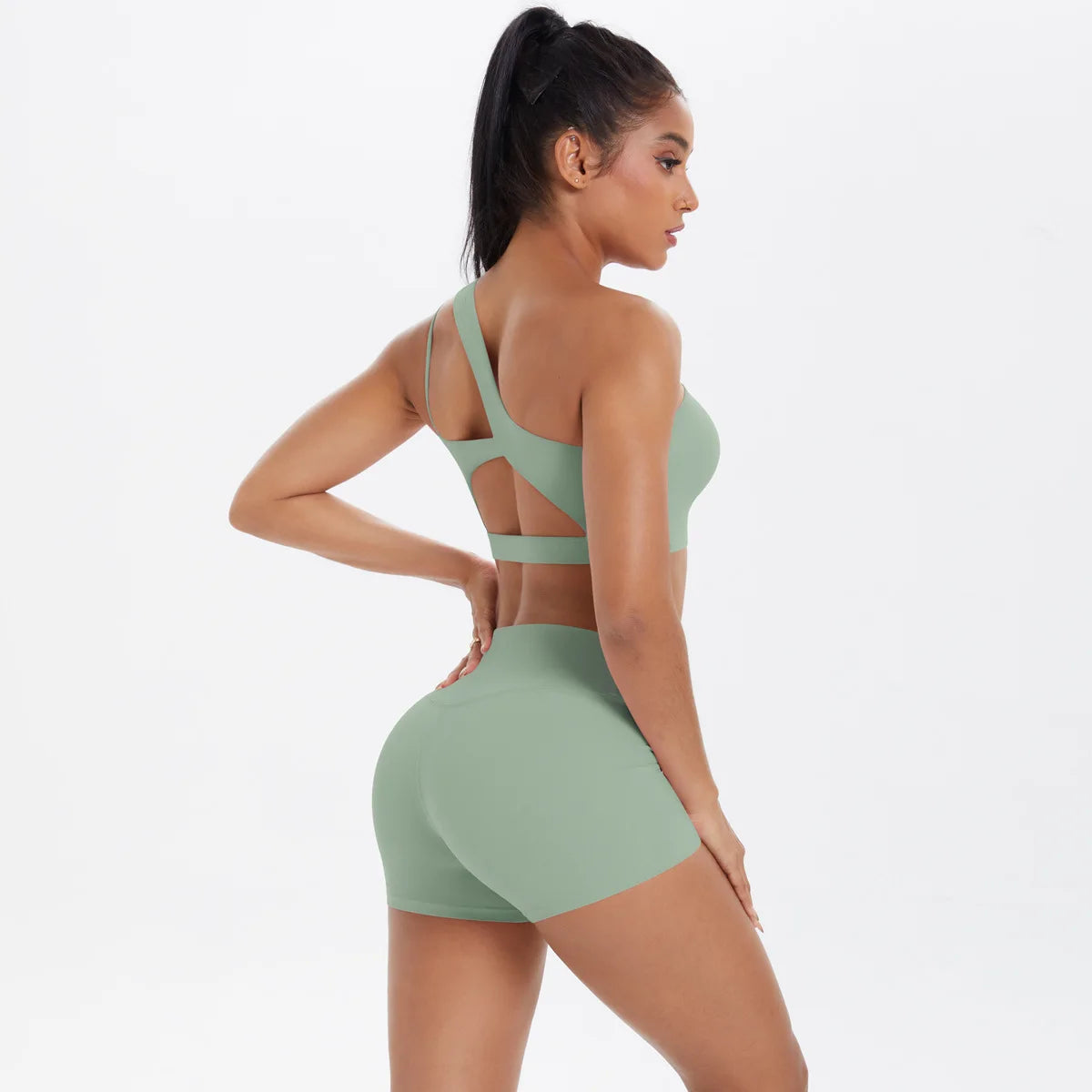 New Sports One-shoulder Back Yoga Clothing Suit Tight To Lift The Buttocks Quick Dry Running Fitness Two-piece Set