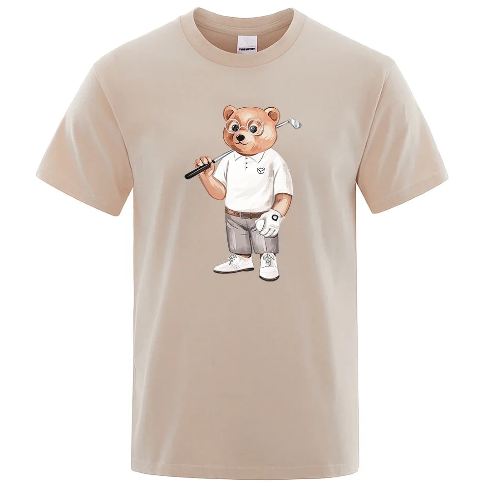 Gentleman Ted Bear Playing Golf Men T Shirts Summer Cotton Sweat T-Shirts Breathable Loose Clothes Hip Hop Street Short Sleeve