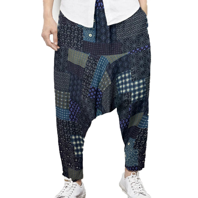 Men's Bohemian Harem Pants Unique Patchwork Print Soft Breathable Material Elastic Waist Casual Looks Beach Trips Yoga Clothing