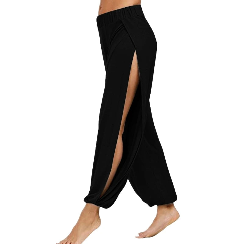 Womens Harem Hippie Pants Yoga Clothing Smocked Waist Palazzo Beach Cover Up Pants Side Split Active Workout Sweatpants
