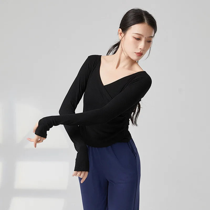Adult Modern Dance Practice Clothes V Neck Finger Sleeve Autumn Winter Tops Women Slim Elegant Yoga Costume Performance Clothing