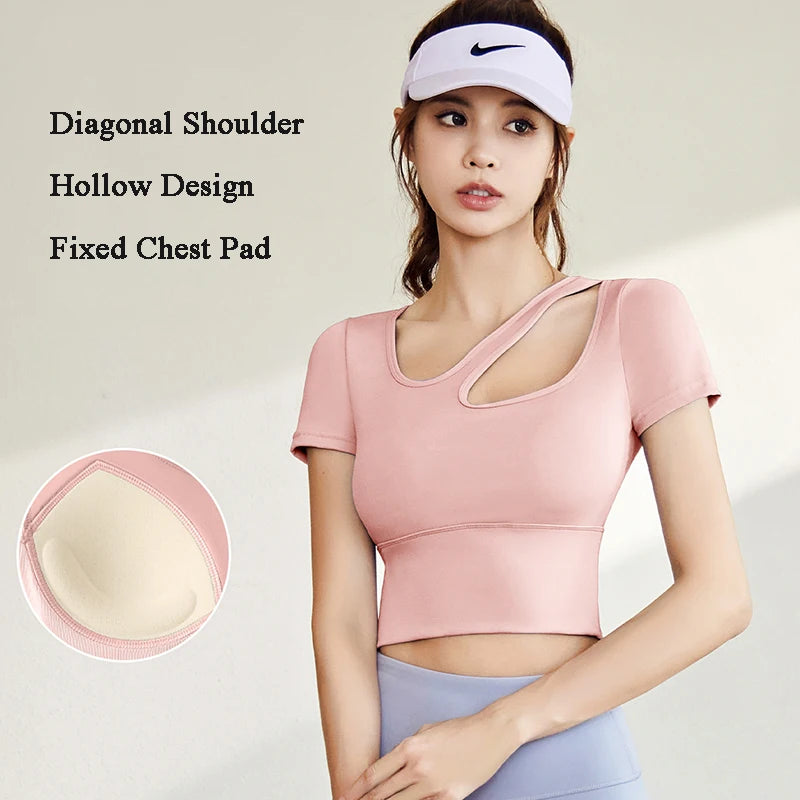 Yoga Shirts Women Diagonal Shoulder Hollow Out Sports Tees Short Sleeve T-Shirt With Padded Fitness Sportswear Workout Gym Tops