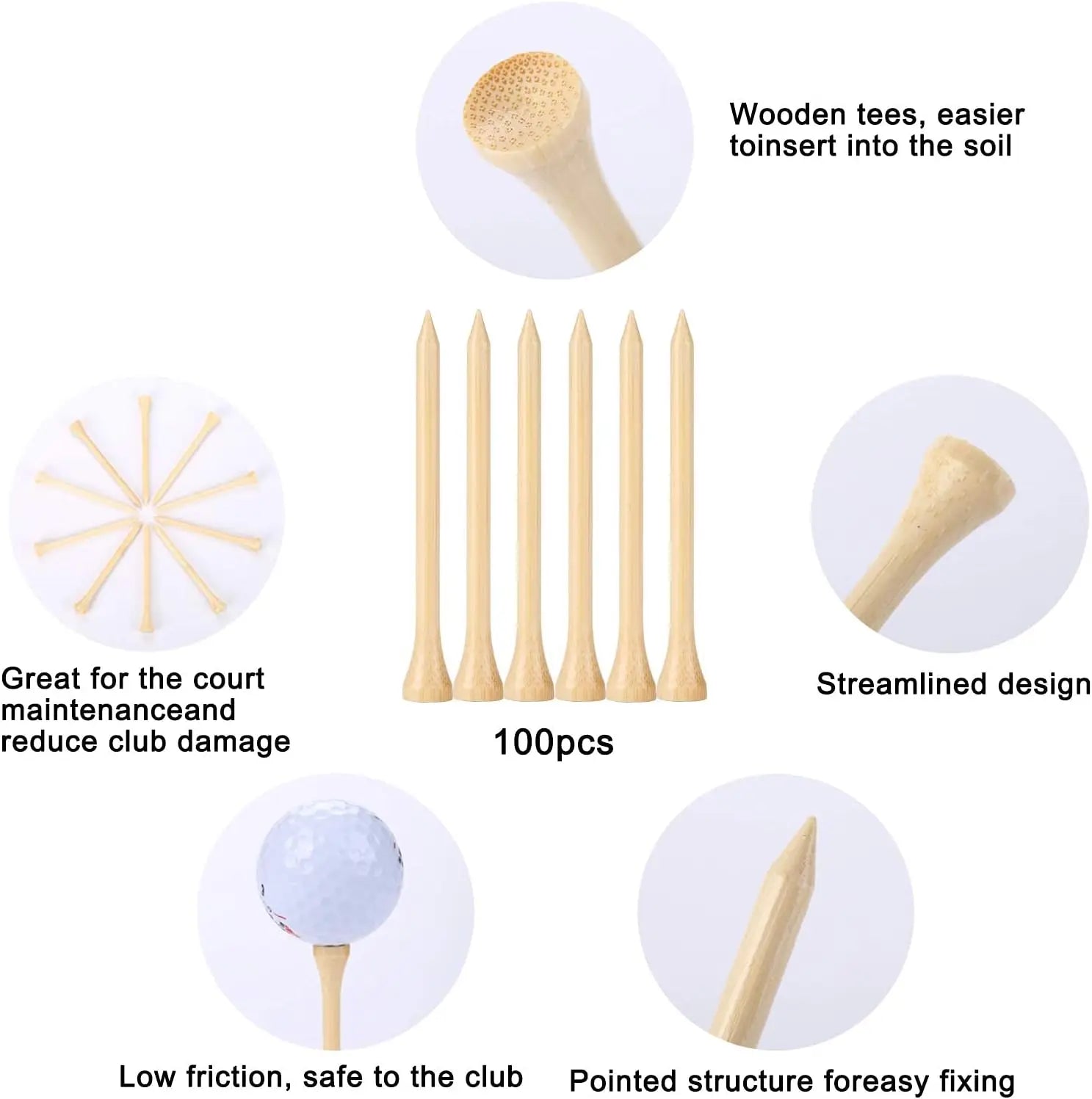 Golf Tees Durable Bamboo Tees 50Pcs/100Pcs 100Pcs 3-1/4" Friendly Biodegradable Material Reduce Friction Side Spin More Stable