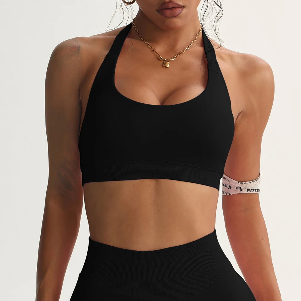 Seamless Halter Sports Bras Running Sexy Open Back Yoga Bra Padded Brassiere Sport Woman Fitness Gym Top Activewear
