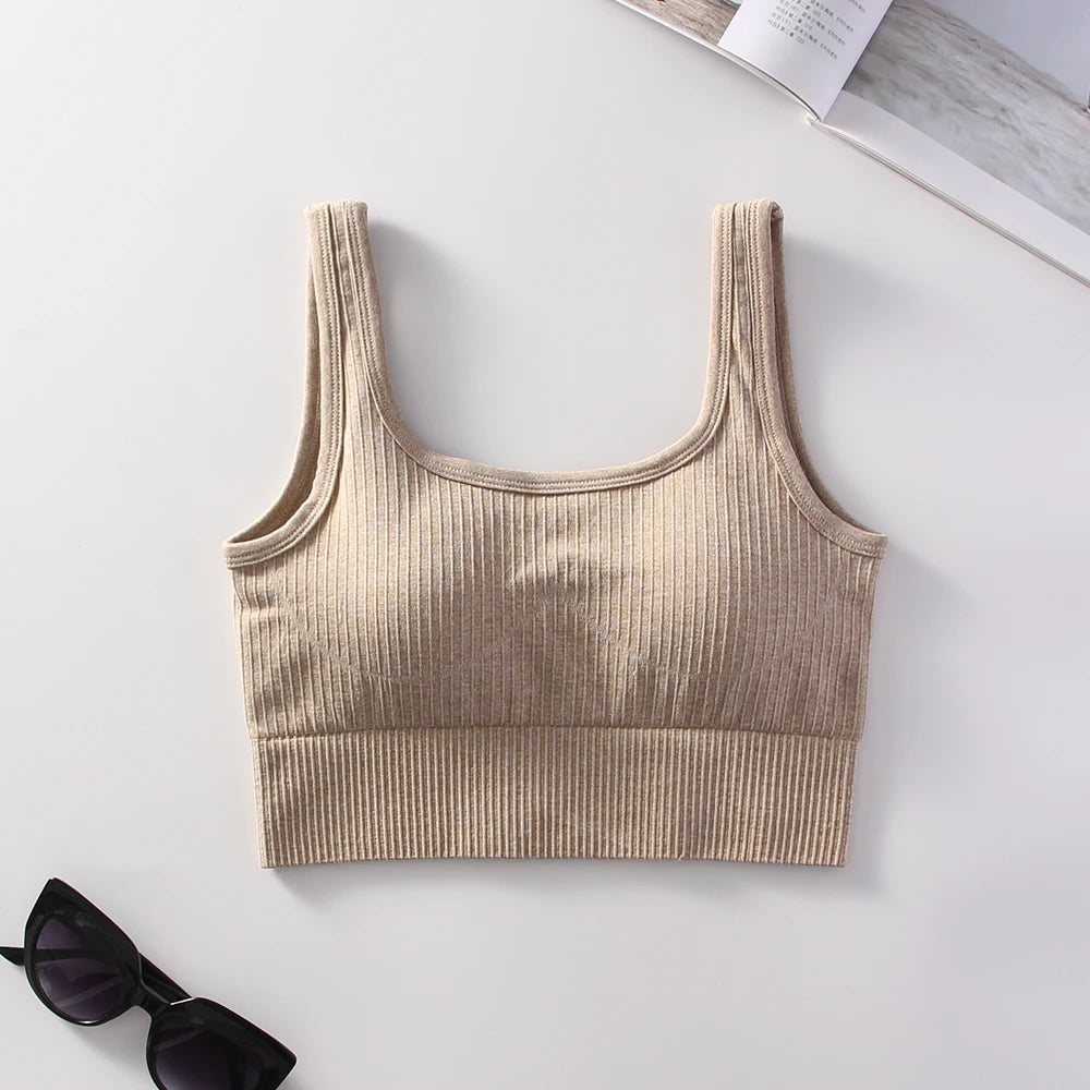 Ribbed Solid Sports Bra Medium Support Square Neck Seamless Knit Padded Push Up Fitness Bra Women's Activewear Summer Outerwear