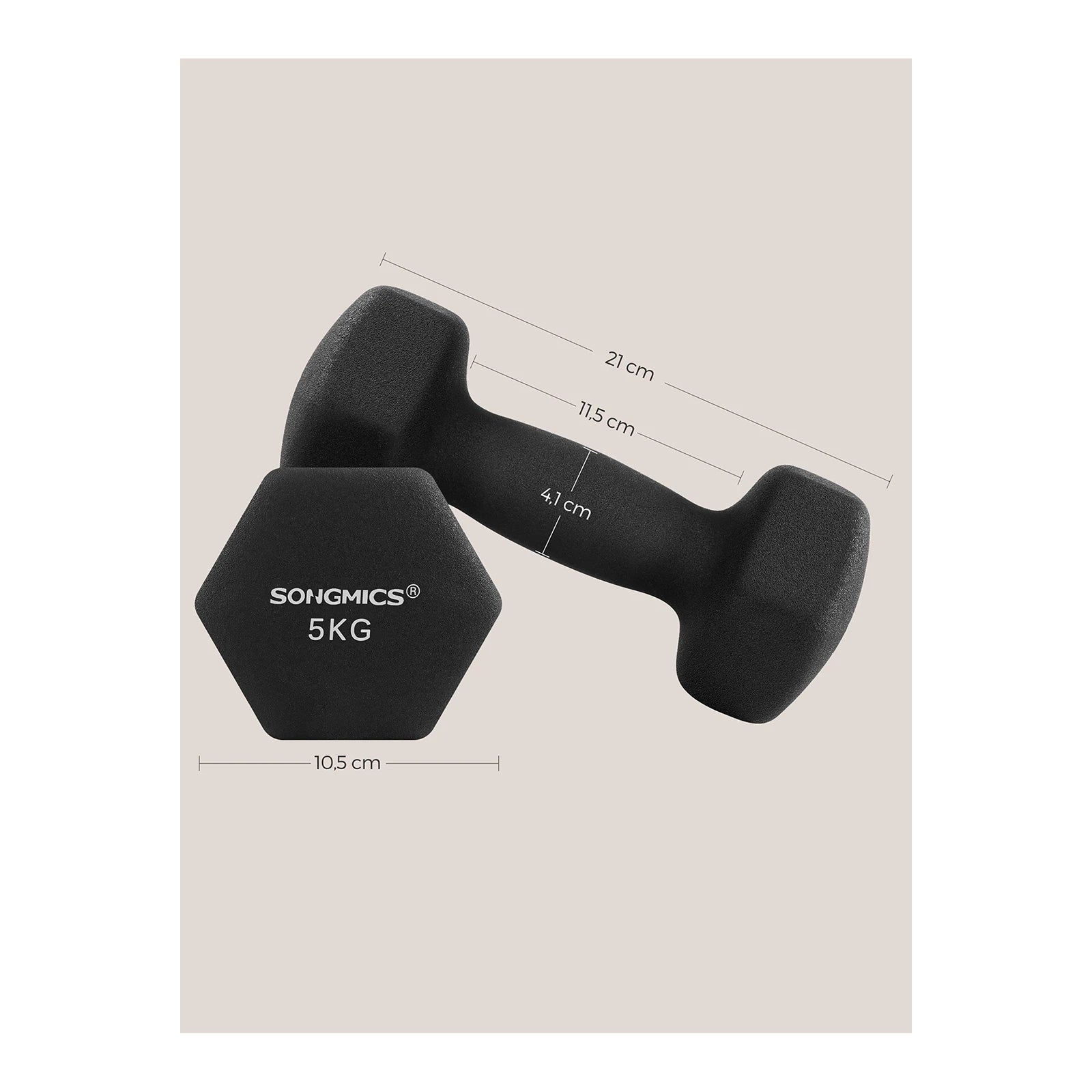 SONGMICS Dumbbells Set of 2 2 x 5kg Dumbbells Set Dumbbells Hexagon Neoprene Coating Strength Training Workout Fitness