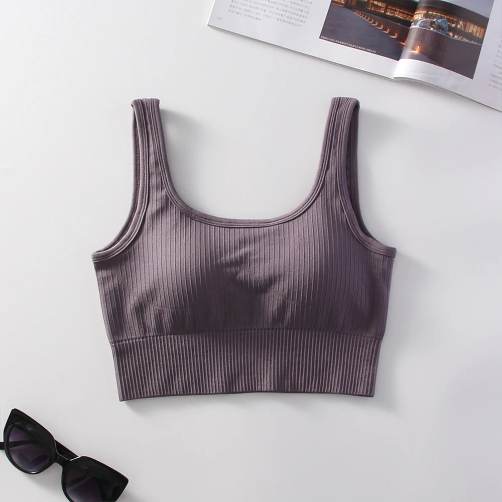 Ribbed Solid Sports Bra Medium Support Square Neck Seamless Knit Padded Push Up Fitness Bra Women's Activewear Summer Outerwear
