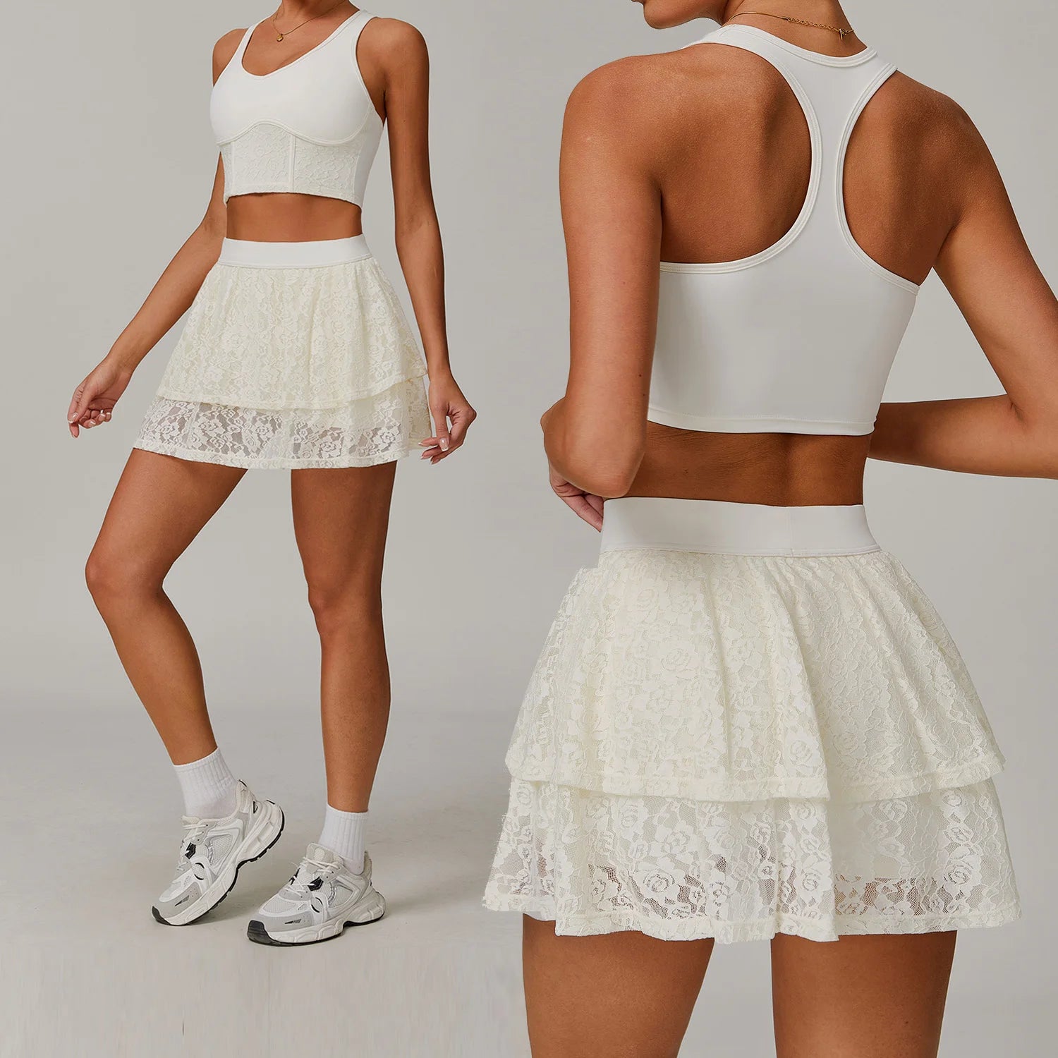 Yoga Set Workout Outfits Fitness Gym Tracksuit Lace nude yoga suit Mesh breathable running anti-slip tennis dress sports suit