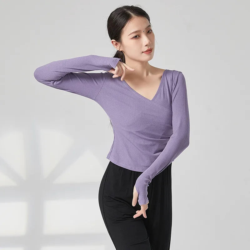 Adult Modern Dance Practice Clothes V Neck Finger Sleeve Autumn Winter Tops Women Slim Elegant Yoga Costume Performance Clothing