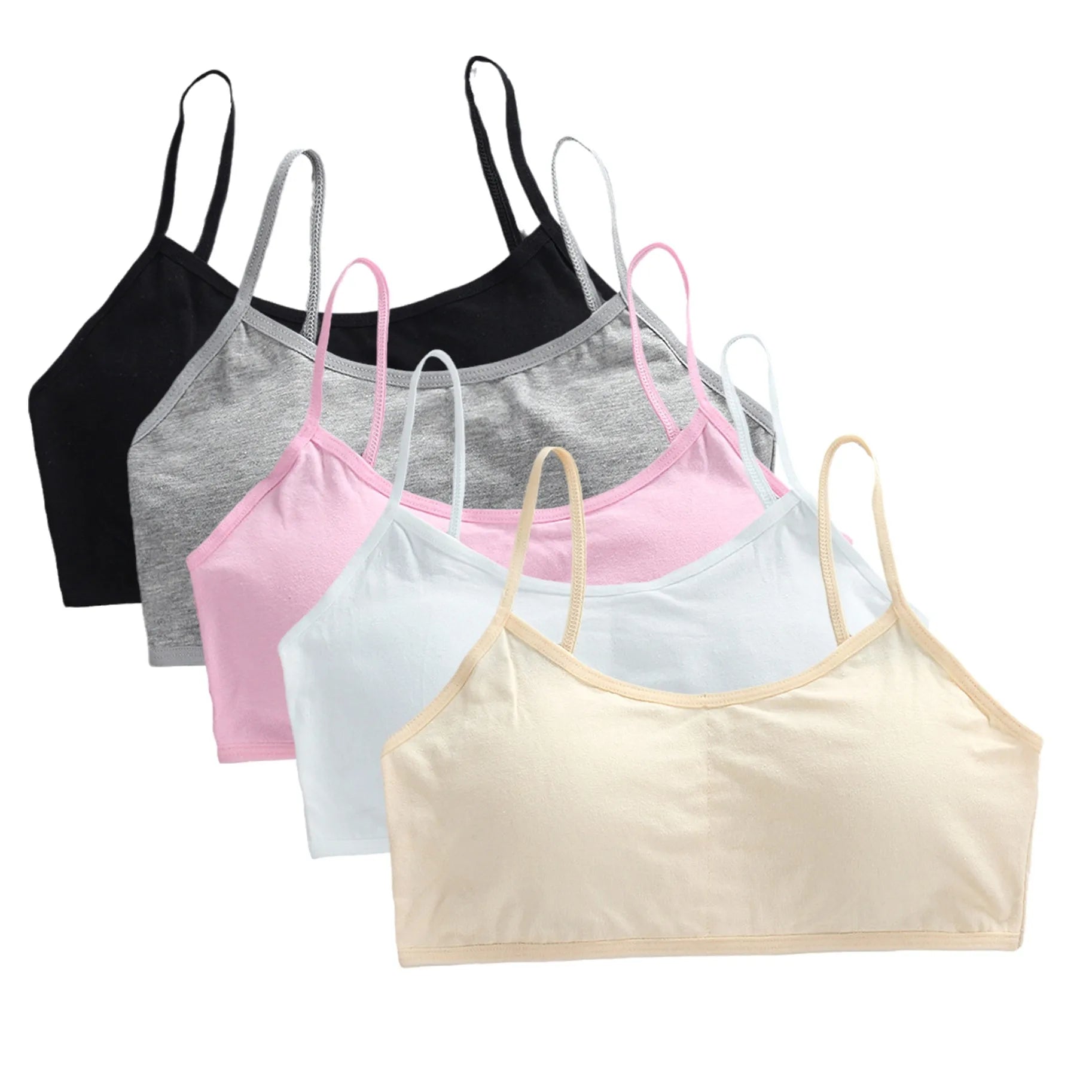 5pcs 2025 Girls Cotton Training Bralette Adjustable Support Tanks Top 8-16Y Breathable Teen Undershirt for Everyday&Sports Bras