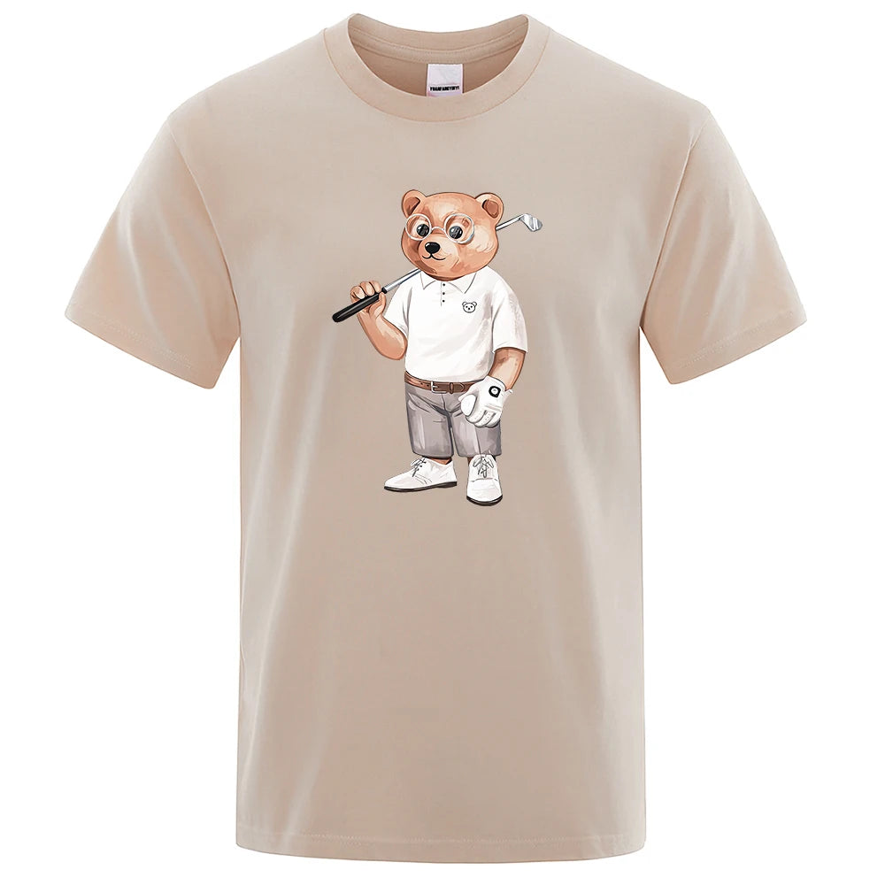 Gentleman Ted Bear Playing Golf Men T Shirts Summer Cotton Sweat T-Shirts Breathable Loose Clothes Hip Hop Street Short Sleeve