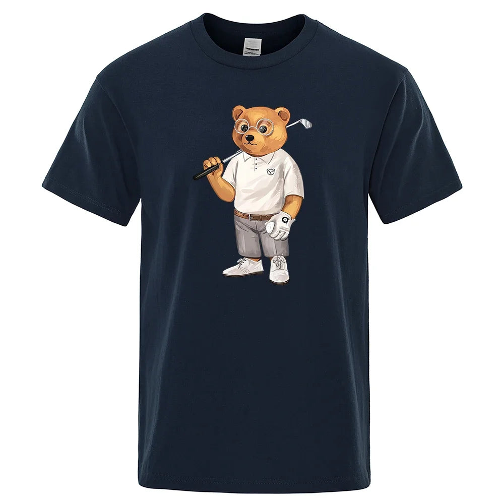 Gentleman Ted Bear Playing Golf Men T Shirts Summer Cotton Sweat T-Shirts Breathable Loose Clothes Hip Hop Street Short Sleeve